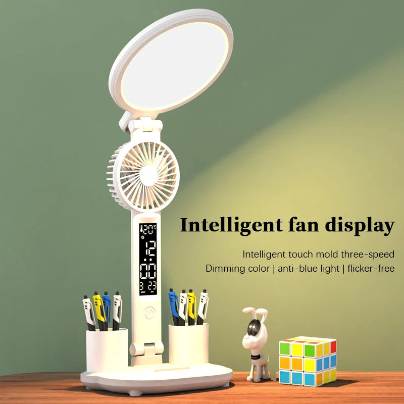 All-in-One LED Desk Lamp – Dimmable Light with Clock, Fan & Foldable Design